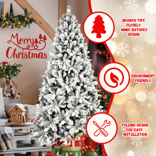 Artificial 7.5ft Flock Christmas Tree with 1523PE/PVC Mixed Branch Tips, 400L warm white lights, Hinged Premium & Foldable Base for Indoor Holiday Decorating