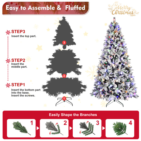 Artificial 7.5ft Flock Christmas Tree with 1523PE/PVC Mixed Branch Tips, 400L warm white lights, Hinged Premium & Foldable Base for Indoor Holiday Decorating