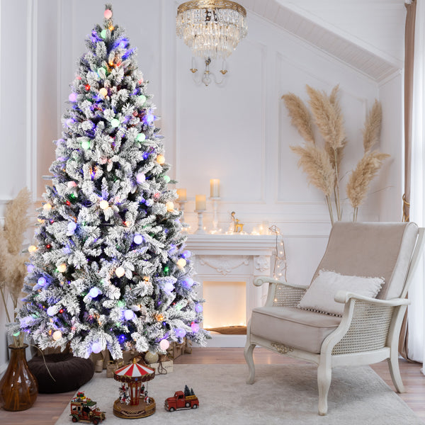 Artificial 7.5ft Flock Christmas Tree with 1523PE/PVC Mixed Branch Tips, 400L warm white lights, Hinged Premium & Foldable Base for Indoor Holiday Decorating