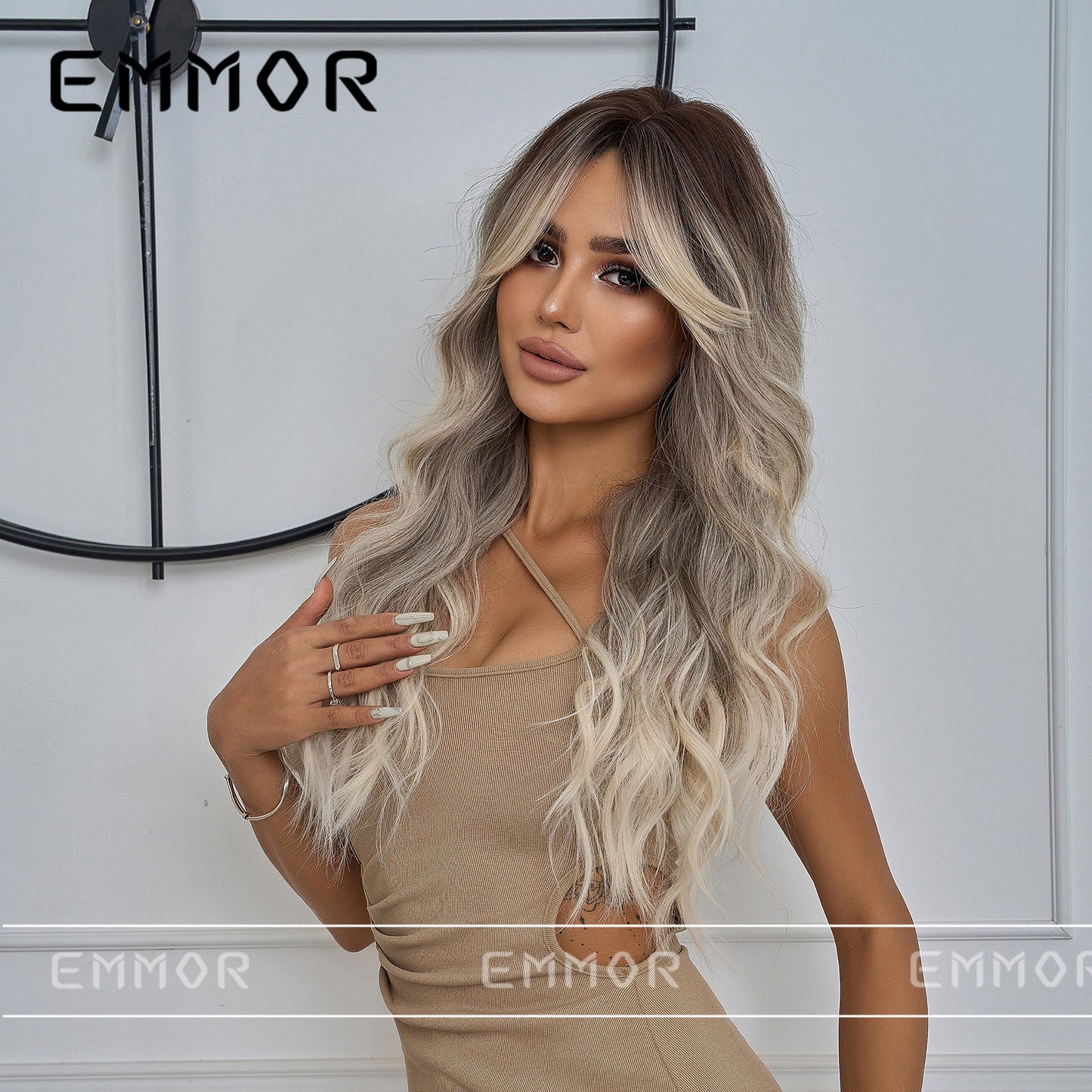 New Style Big Wave Wig for Women, Black Gradient Gray Long Curly Synthetic Full Wig with Bangs