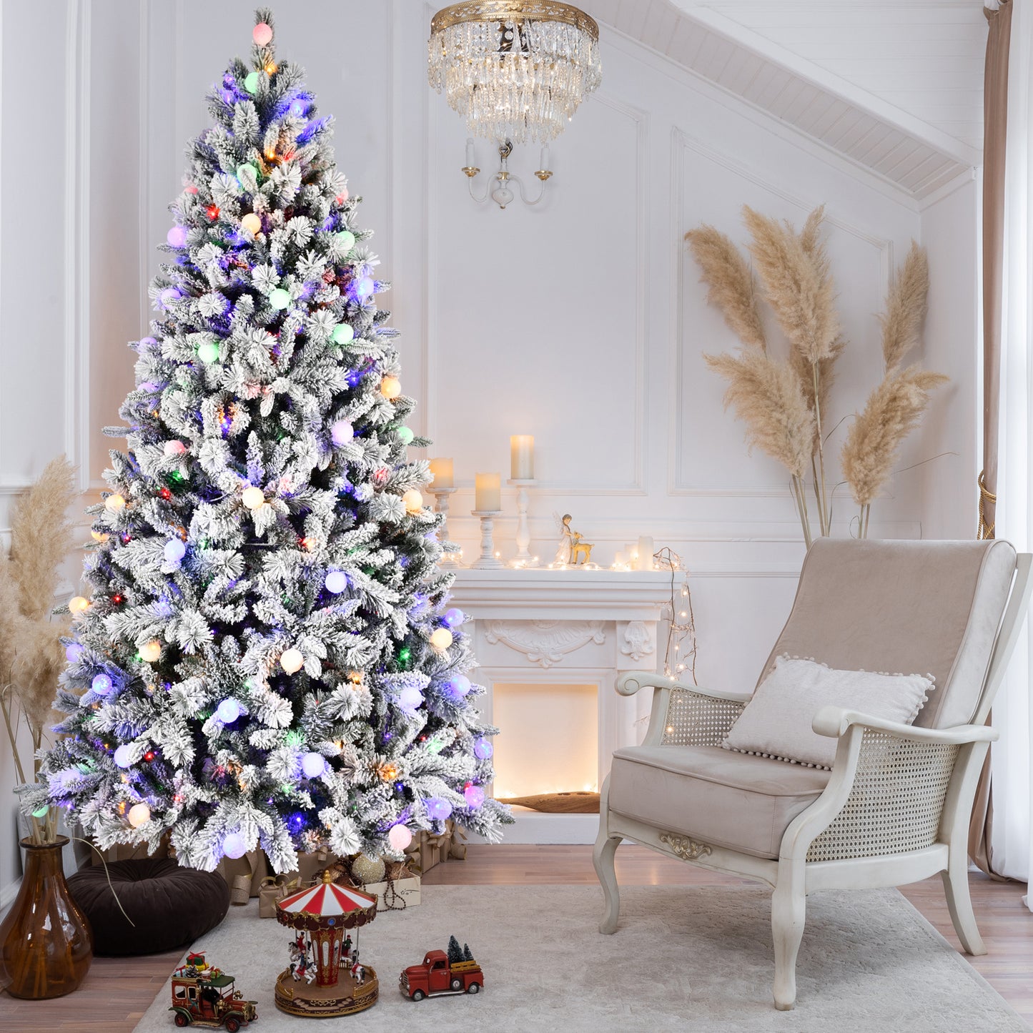 Artificial 7.5ft Flock Christmas Tree with 1523PE/PVC Mixed Branch Tips, 400L warm white lights, Hinged Premium & Foldable Base for Indoor Holiday Decorating