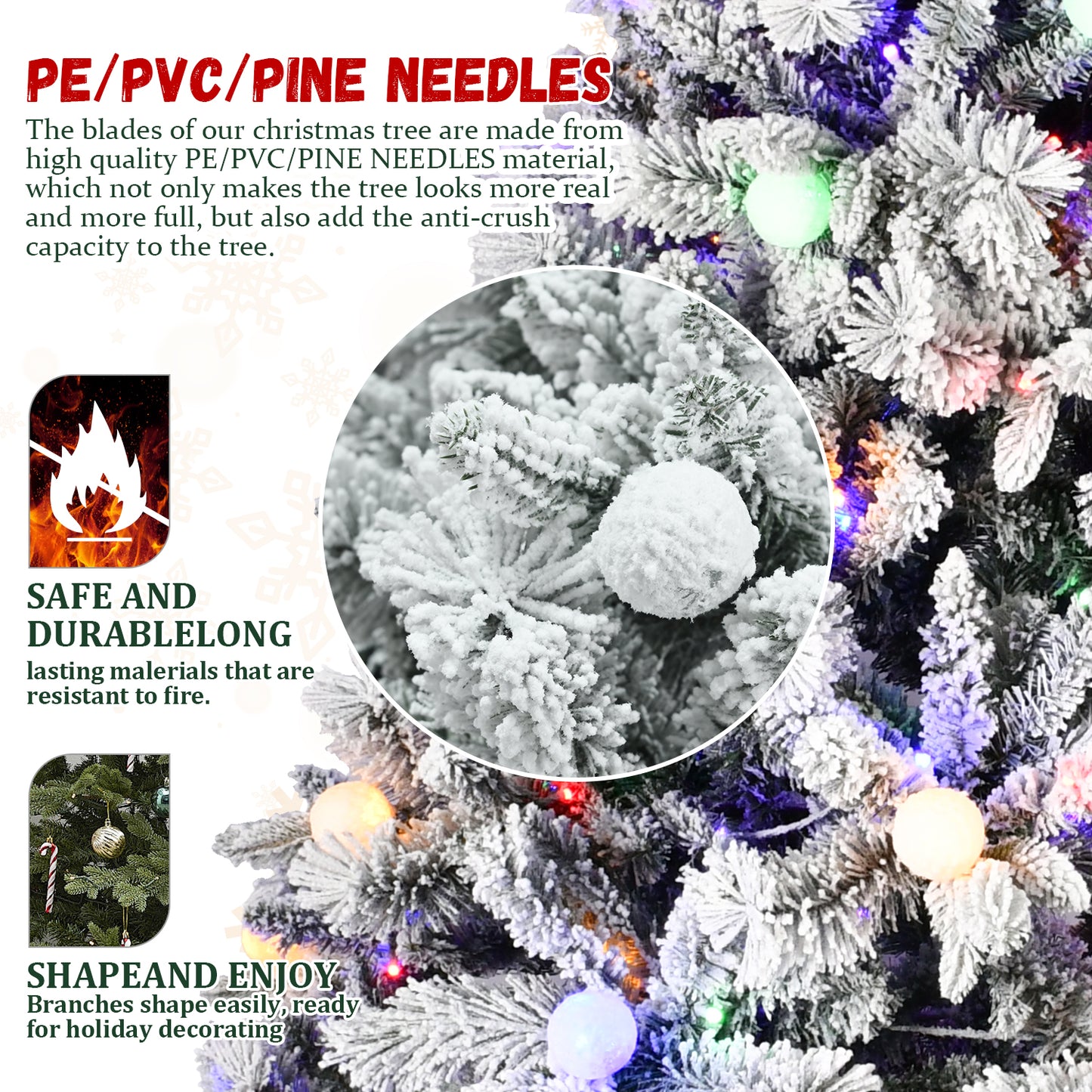 Artificial 7.5ft Flock Christmas Tree with 1523PE/PVC Mixed Branch Tips, 400L warm white lights, Hinged Premium & Foldable Base for Indoor Holiday Decorating
