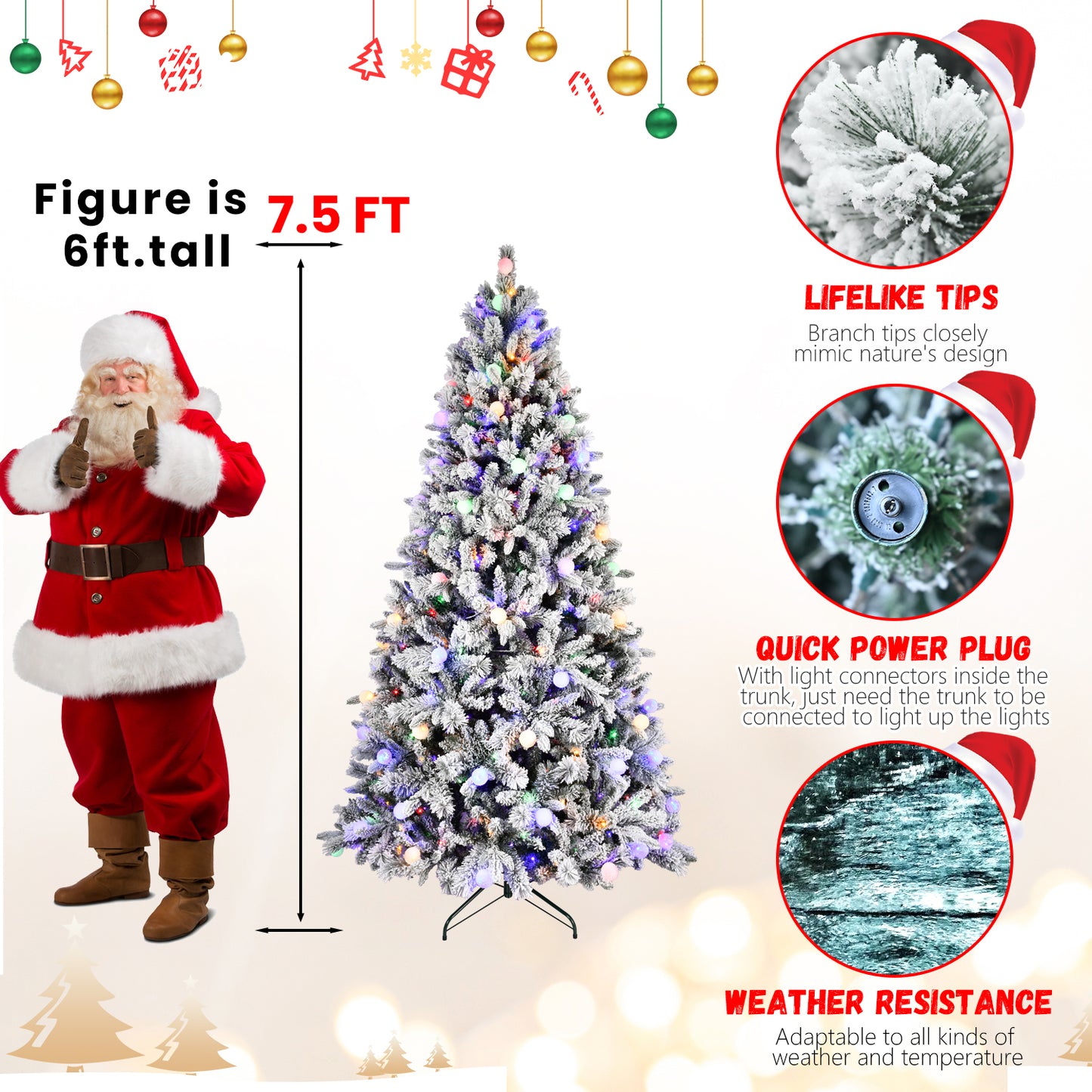 Artificial 7.5ft Flock Christmas Tree with 1523PE/PVC Mixed Branch Tips, 400L warm white lights, Hinged Premium & Foldable Base for Indoor Holiday Decorating