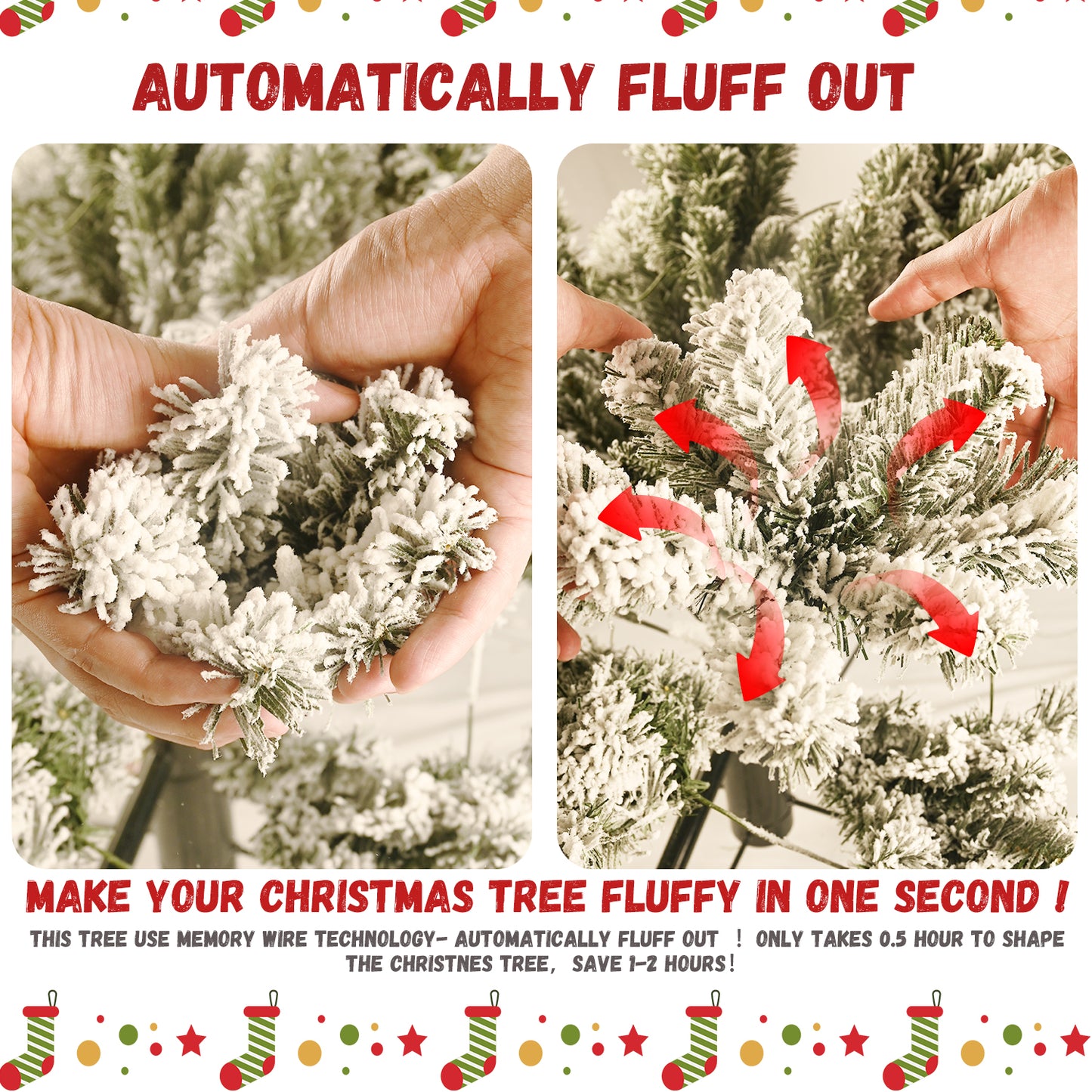 Artificial 7.5ft Flock Christmas Tree with 1523PE/PVC Mixed Branch Tips, 400L warm white lights, Hinged Premium & Foldable Base for Indoor Holiday Decorating