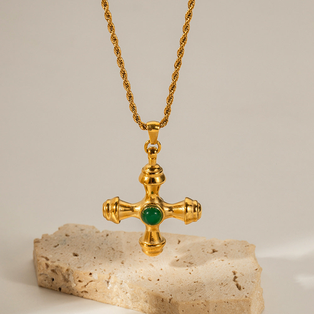 18K gold stainless steel cross necklace tiger eye pendant titanium steel does not fade