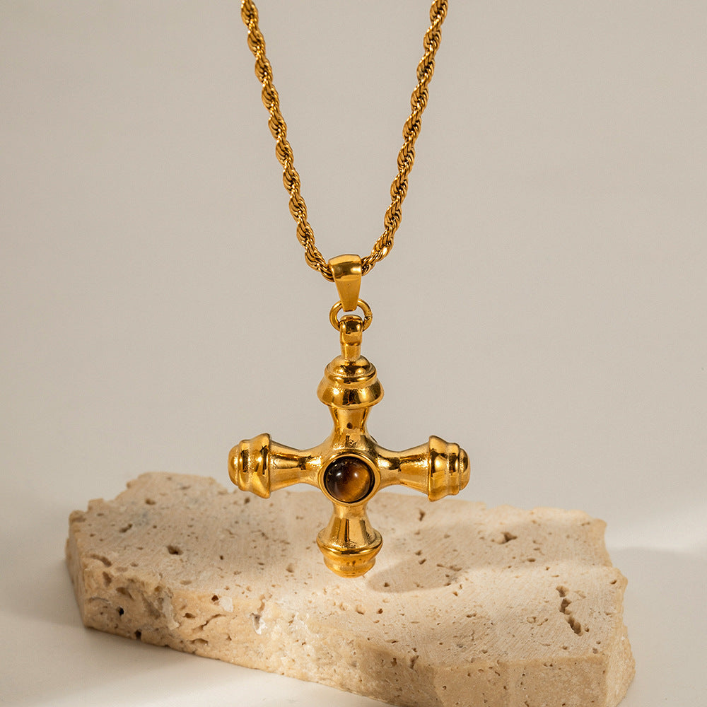 18K gold stainless steel cross necklace tiger eye pendant titanium steel does not fade