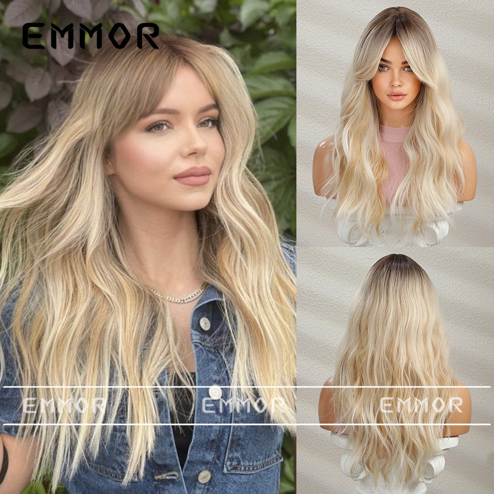 Long Hair Wig with Middle Part, Highlighted Black Gradient, Golden Temperament, Small Curls