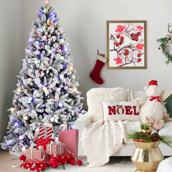 Artificial 7.5ft Flock Christmas Tree with 1523PE/PVC Mixed Branch Tips, 400L warm white lights, Hinged Premium & Foldable Base for Indoor Holiday Decorating