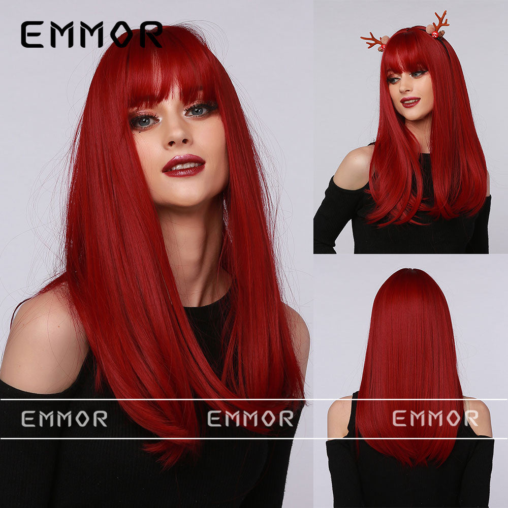 King Neptune Red Berry Fruit Red Highlighted Bangs Medium Length Straight Hair Halloween Wig Full Head Hairstyle