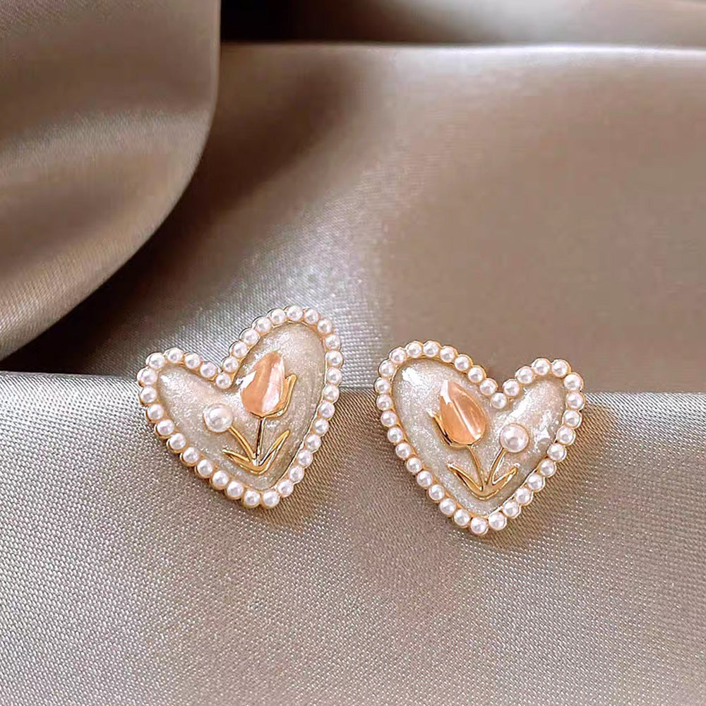 Tulip Pearl Cat's Eye Heart Earrings 925 Sterling Silver Silver Needle Earrings