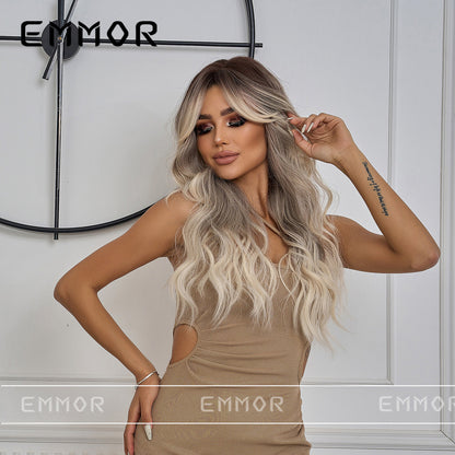 New Style Big Wave Wig for Women, Black Gradient Gray Long Curly Synthetic Full Wig with Bangs