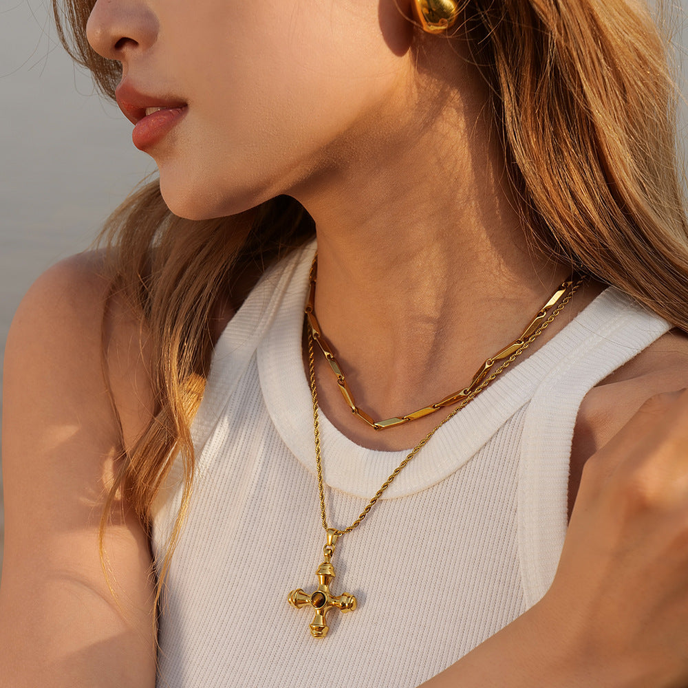 18K gold stainless steel cross necklace tiger eye pendant titanium steel does not fade