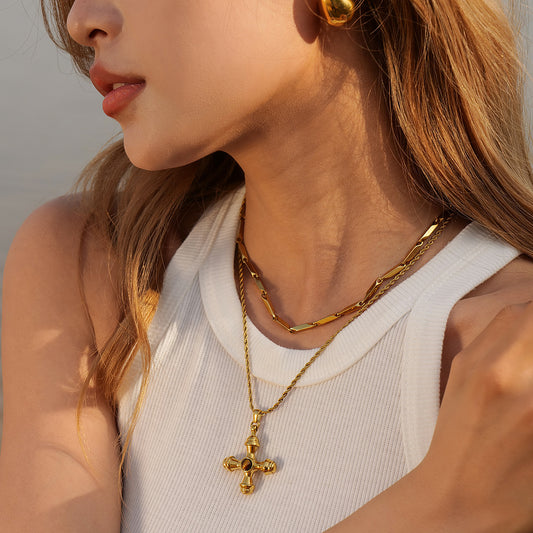 18K gold stainless steel cross necklace tiger eye pendant titanium steel does not fade