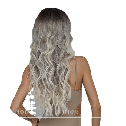 New Style Big Wave Wig for Women, Black Gradient Gray Long Curly Synthetic Full Wig with Bangs