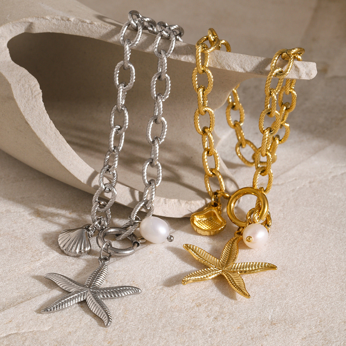 18k Gold Stainless Steel Starfish Shell Conch Bracelet