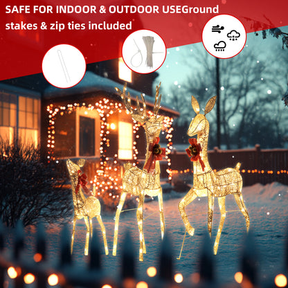 3PCs Large 3D LED Reindeer Set for Outdoor Christmas Decor - Lighted Yard Lawn Decorations