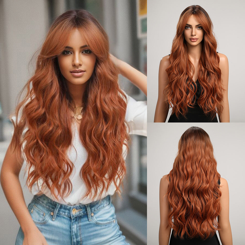 New Style Big Wave Wig for Women, Black Gradient Gray Long Curly Synthetic Full Wig with Bangs
