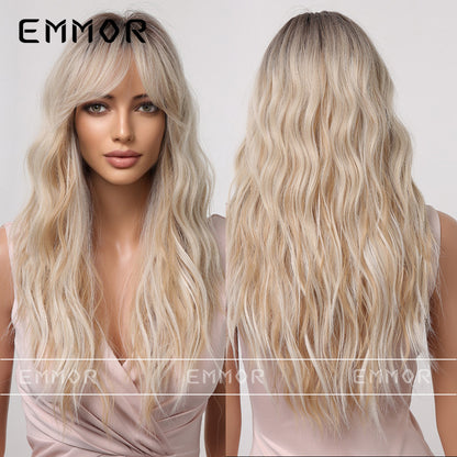 Long Hair Wig with Middle Part, Highlighted Black Gradient, Golden Temperament, Small Curls