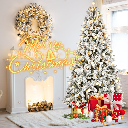 Artificial 7.5ft Flock Christmas Tree with 1523PE/PVC Mixed Branch Tips, 400L warm white lights, Hinged Premium & Foldable Base for Indoor Holiday Decorating