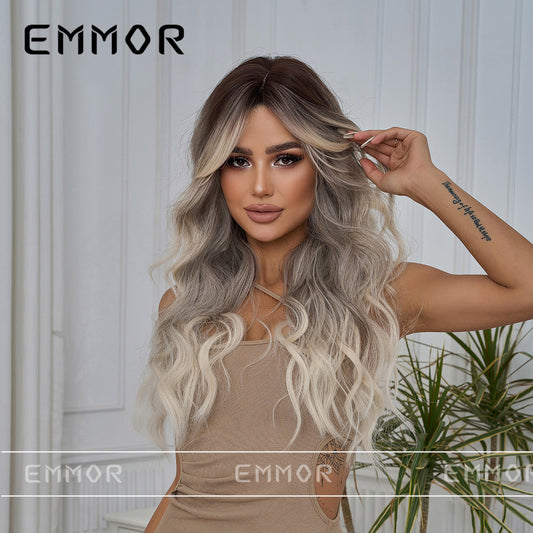 New Style Big Wave Wig for Women, Black Gradient Gray Long Curly Synthetic Full Wig with Bangs