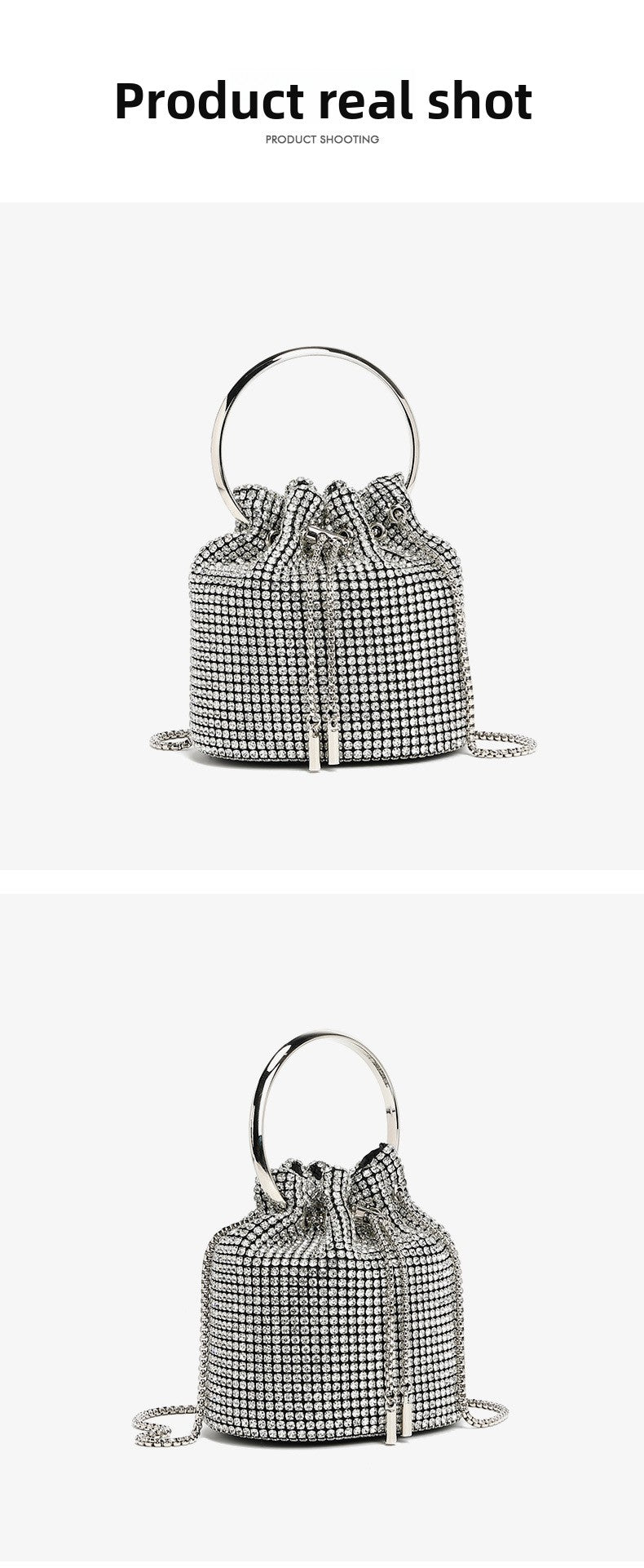 Mini Bucket Bag with Handmade Diamond Chain Strap, Crossbody and Top Handle Bag for Women, Versatile Small Shoulder Purse