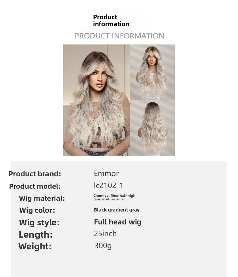 New Style Big Wave Wig for Women, Black Gradient Gray Long Curly Synthetic Full Wig with Bangs