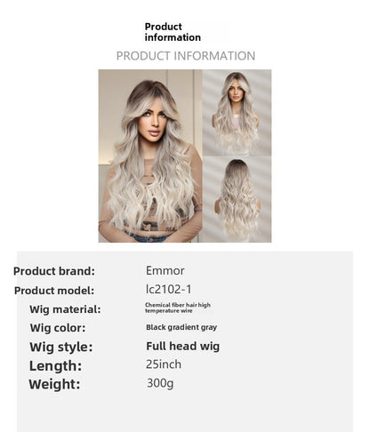 New Style Big Wave Wig for Women, Black Gradient Gray Long Curly Synthetic Full Wig with Bangs