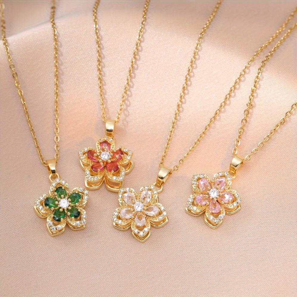 Rotatable Stress Relief Flower Pendant Necklace for Women Summer Rhinestone Decorative Necklace Party Fashion Exquisite Jewelry
