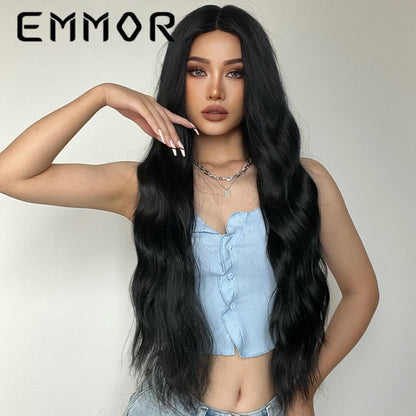 New Style Fake Middle Part Long Curly Hair Black Matte High-Temperature Fiber Wig
