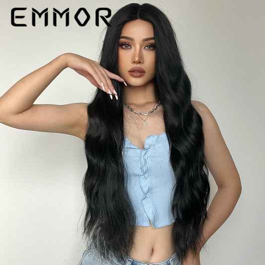 New Style Fake Middle Part Long Curly Hair Black Matte High-Temperature Fiber Wig