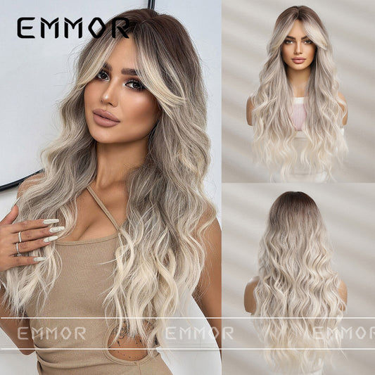 New Style Big Wave Wig for Women, Black Gradient Gray Long Curly Synthetic Full Wig with Bangs