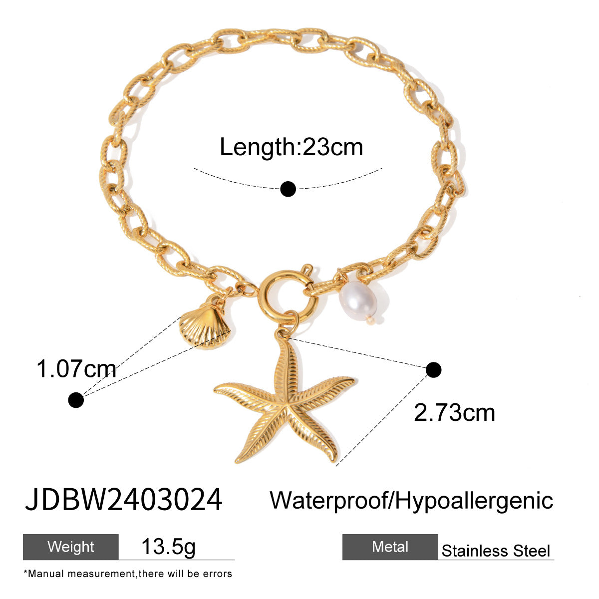 18k Gold Stainless Steel Starfish Shell Conch Bracelet