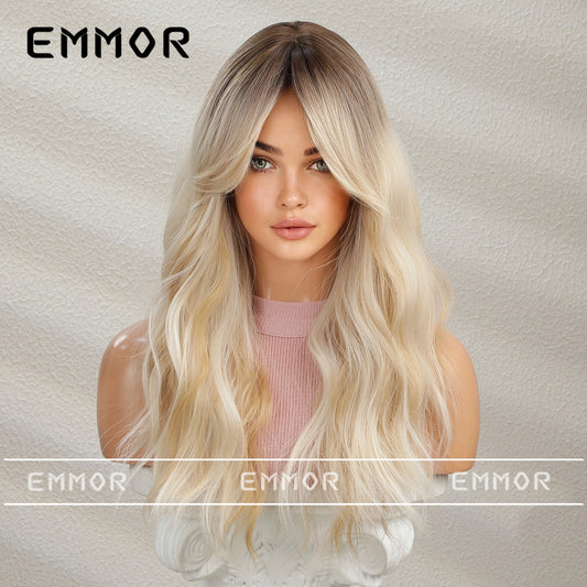 Long Hair Wig with Middle Part, Highlighted Black Gradient, Golden Temperament, Small Curls
