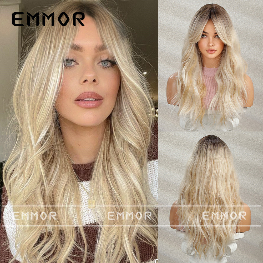 Long Hair Wig with Middle Part, Highlighted Black Gradient, Golden Temperament, Small Curls