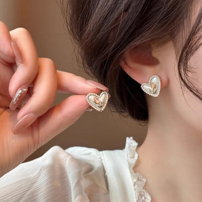 Tulip Pearl Cat's Eye Heart Earrings 925 Sterling Silver Silver Needle Earrings