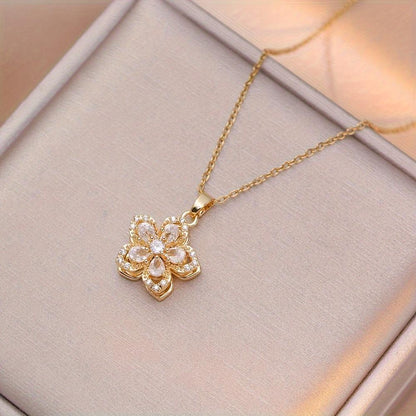 Rotatable Stress Relief Flower Pendant Necklace for Women Summer Rhinestone Decorative Necklace Party Fashion Exquisite Jewelry
