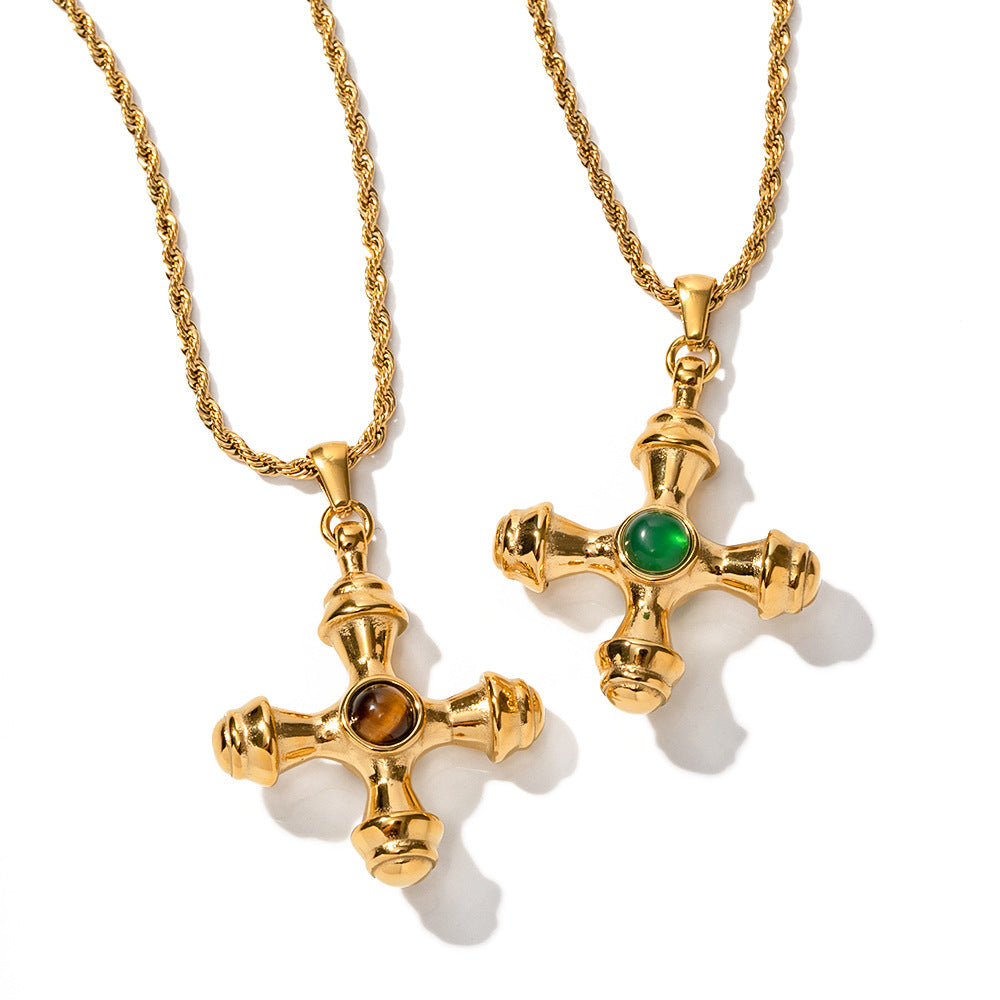 18K gold stainless steel cross necklace tiger eye pendant titanium steel does not fade