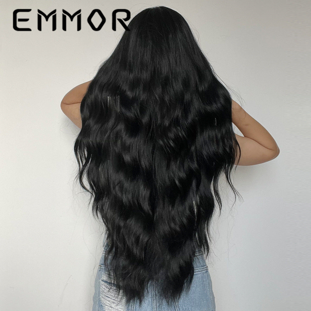 New Style Fake Middle Part Long Curly Hair Black Matte High-Temperature Fiber Wig