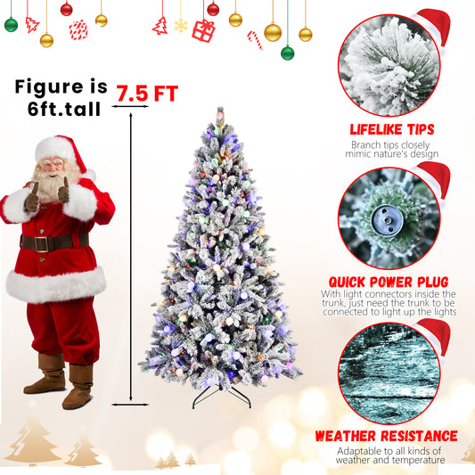 Artificial 7.5ft Flock Christmas Tree with 1523PE/PVC Mixed Branch Tips, 400L warm white lights, Hinged Premium & Foldable Base for Indoor Holiday Decorating