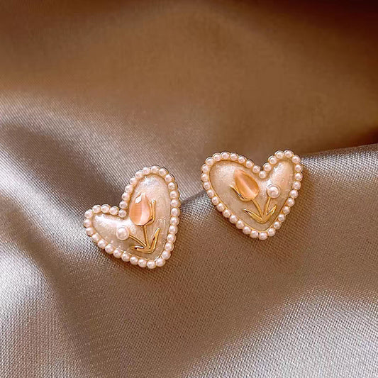 Tulip Pearl Cat's Eye Heart Earrings 925 Sterling Silver Silver Needle Earrings