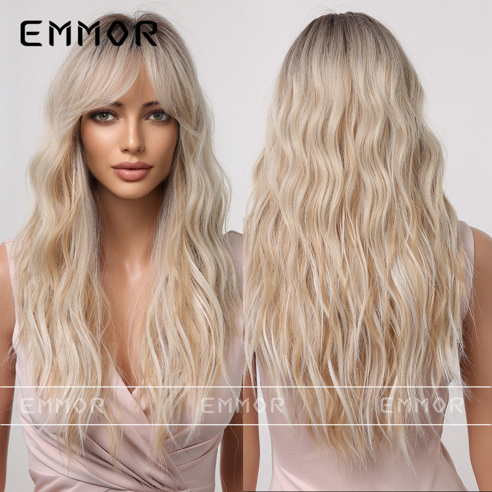 Long Hair Wig with Middle Part, Highlighted Black Gradient, Golden Temperament, Small Curls