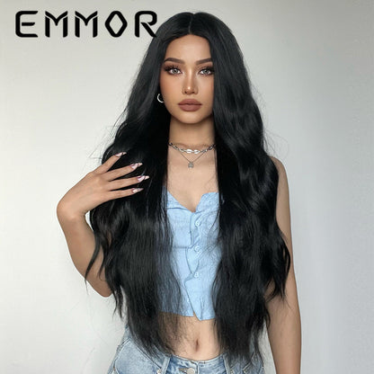 New Style Fake Middle Part Long Curly Hair Black Matte High-Temperature Fiber Wig