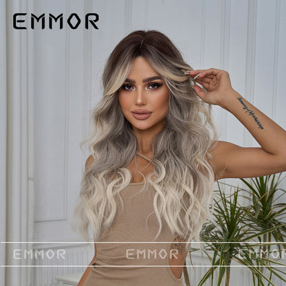 New Style Big Wave Wig for Women, Black Gradient Gray Long Curly Synthetic Full Wig with Bangs