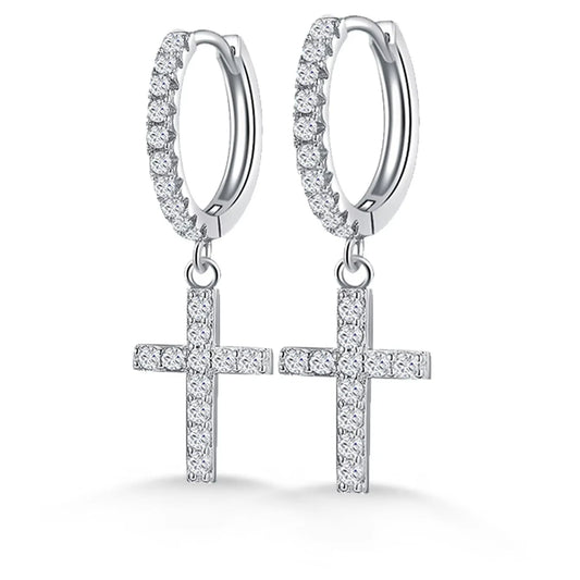 Premium Moissanite Cross Earrings: VVS D Color Stones in 925 Sterling Silver, Dangle Hoop Design for Men & Women, Perfect Statement Jewelry