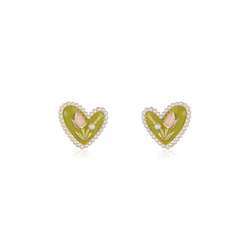 Tulip Pearl Cat's Eye Heart Earrings 925 Sterling Silver Silver Needle Earrings