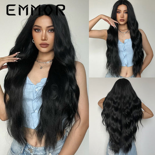 New Style Fake Middle Part Long Curly Hair Black Matte High-Temperature Fiber Wig