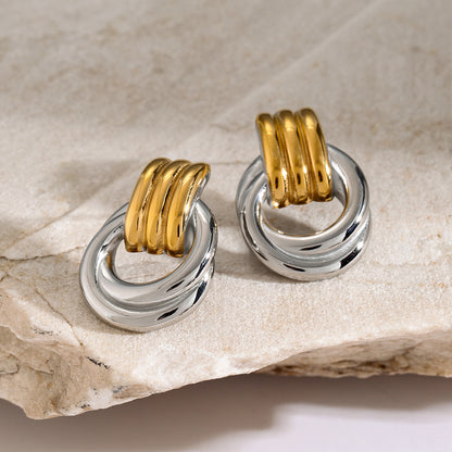 High-end Gold and Silver Color Block Stainless Steel Earrings for Women 8k Gold Spiral Wrapped Simple Titanium Steel Hoop Earrings