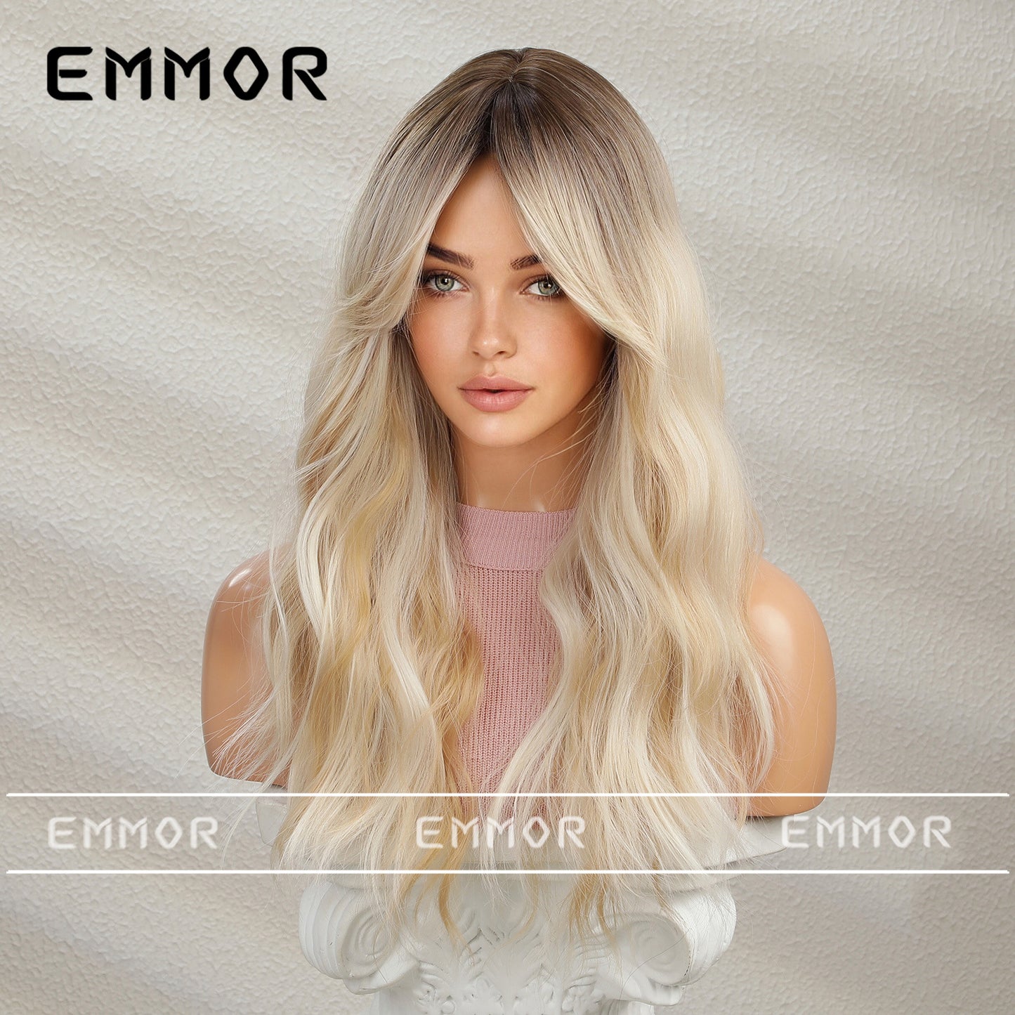 Long Hair Wig with Middle Part, Highlighted Black Gradient, Golden Temperament, Small Curls