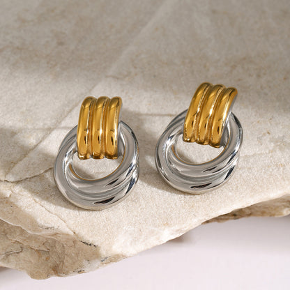 High-end Gold and Silver Color Block Stainless Steel Earrings for Women 8k Gold Spiral Wrapped Simple Titanium Steel Hoop Earrings