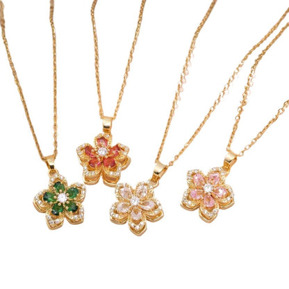 Rotatable Stress Relief Flower Pendant Necklace for Women Summer Rhinestone Decorative Necklace Party Fashion Exquisite Jewelry